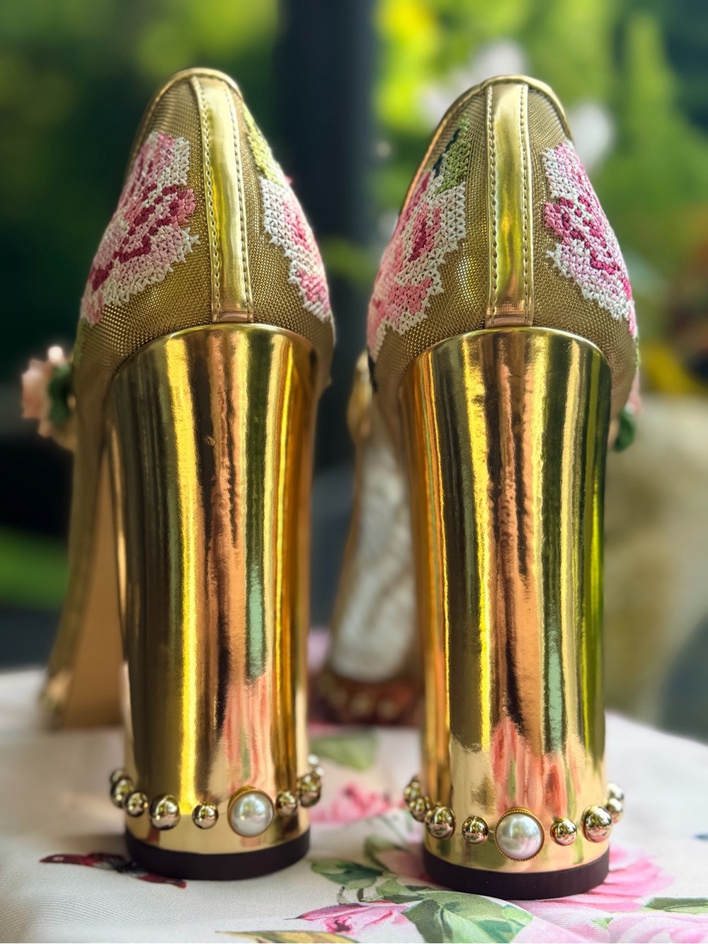 Dolce & Gabbana Gold Mesh & Leather Floral Studded Block Heel Mary Janes Size 40 - Picture 9 of 14